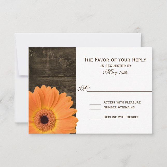 Rustikale Barholz-Orange Daisy Wedding RSVP-Karten RSVP Karte (Vorderseite)