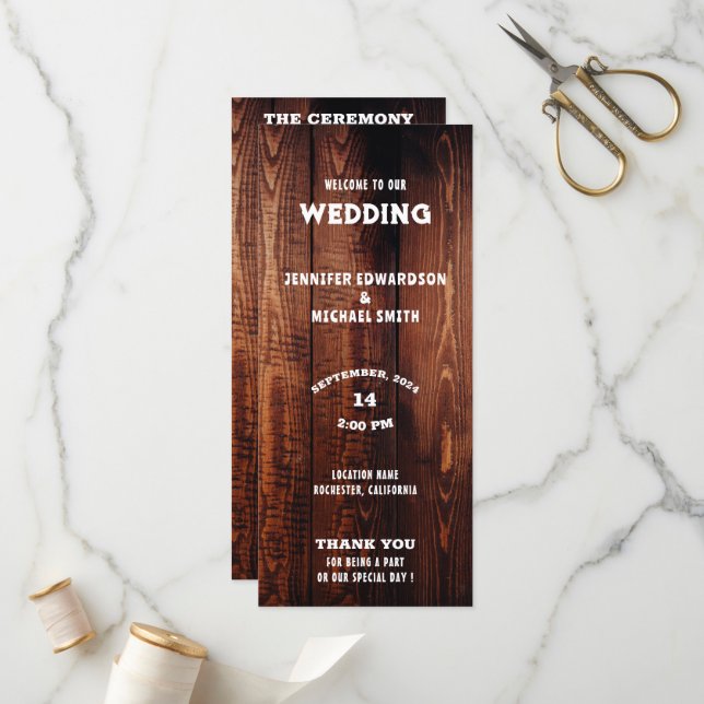 Rustikale Barn-Holz-Typografie ländliche Hochzeit  Programm (Vorderseite/Rückseite Beispiel)