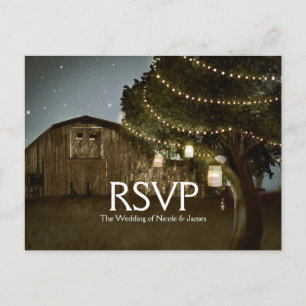 Rustikale Barn & Tree Lights Hochzeit RSVP-Karte Einladungspostkarte