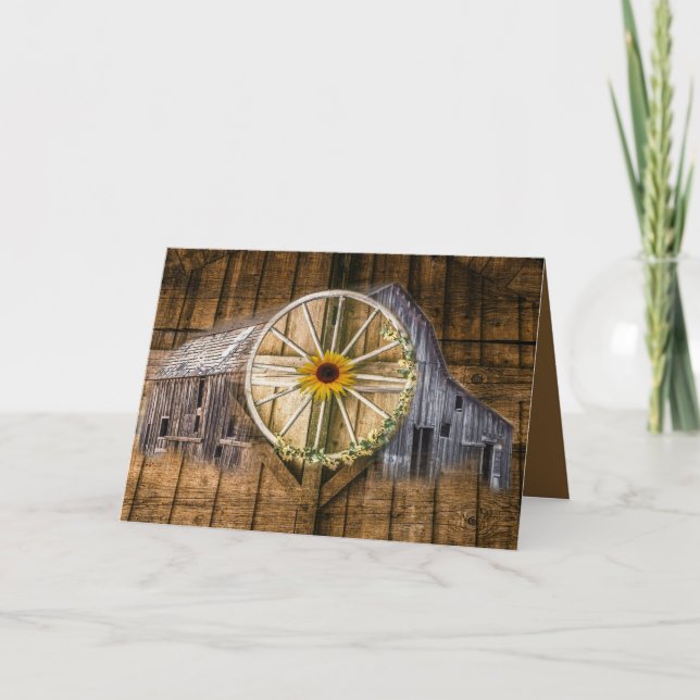 Rustikale Barn Wagon Wheel Sonnenblume Feiertagskarte (Vorderseite)