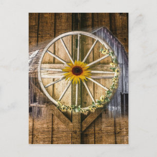 Rustikale Barn Wagon Wheel Sonnenblume Feiertagspostkarte