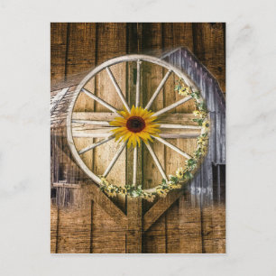 Rustikale Barn Wagon Wheel Sonnenblume Feiertagspostkarte