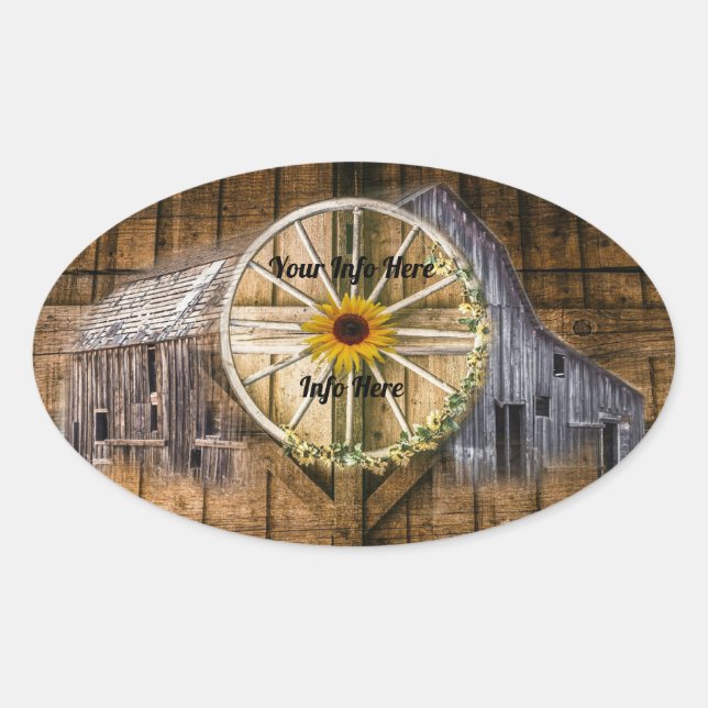 Rustikale Barn Wagon Wheel Sonnenblume Ovaler Aufkleber (Vorderseite)