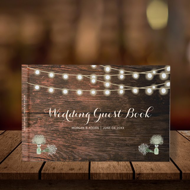 Rustikale Barn Wood Mason Jar String Lights Hochze Gästebuch (Von Creator hochgeladen)
