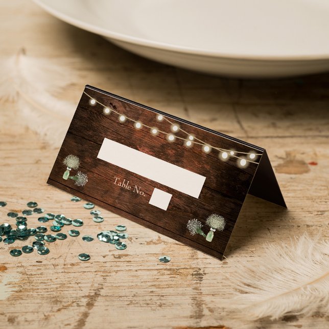 Rustikale Barn Wood Mason Jar String Lights Hochze Platzkarte (Von Creator hochgeladen)