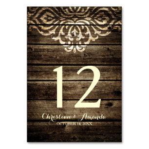 Rustikale Barnholz-Damast-Vintage-Hochzeitskarte Tischnummer
