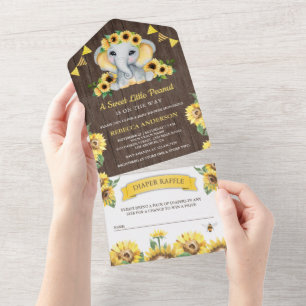 Rustikale Barnholz-Sonnenblumen Elephant Baby-Dusc All In One Einladung