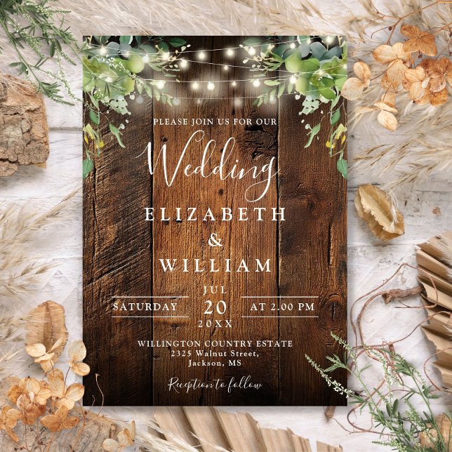 Rustikale Barnholz-String Lichter Grüne Hochzeit Einladung (Rustic Barn Wood String Lights Greenery Wedding Invitation)