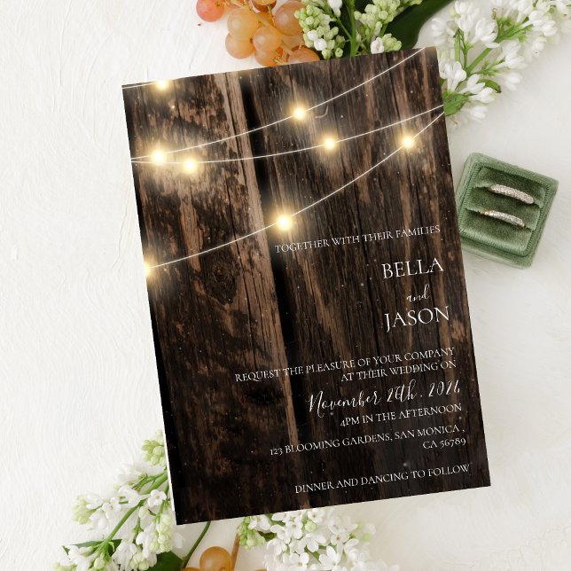 Rustikale Barnholz-String Lights Country Wedding Einladung (Rustic Barn Wood String Lights Country Wedding Invitation)