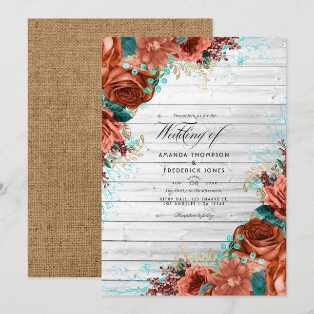 Rustikale Barnkoralle und Aquamarine Blumenhochzei Einladung (Vorne/Hinten)