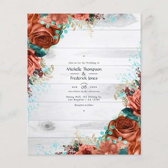 Rustikale Barnkoralle und Aquamarine Blumenhochzei Flyer (Vorne)