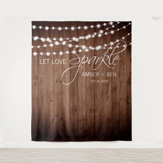 Rustikale Barnwood String Lights Custom Wedding Wandteppich (Vorderseite)