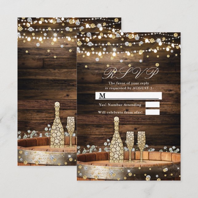 Rustikale Barrel Champagne Lights Hochzeit RSVP An Einladung (Vorne/Hinten)