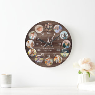 Rustikale Bauernhaus-Familienfoto-Collage-Monogram Große Wanduhr