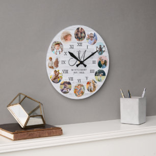 Rustikale Bauernhaus-Familienfoto-Collage-Monogram Große Wanduhr