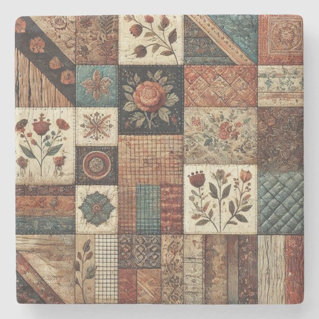 Rustikale Bauernhaus-Terrakotta-Patchwork-Decke Fl Steinuntersetzer (Vorderseite)