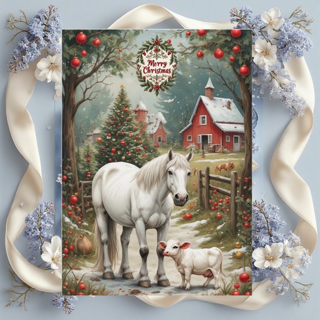 Rustikale Bauernhof-Pferde Rote Scheune Frohe Weih (Rustic Farm Horse Red Barn Merry Christmas Card)