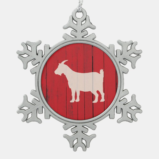 Rustikale Bauernhof-Ziegen-rote Schneeflocken Zinn-Ornament (Vorderseite)