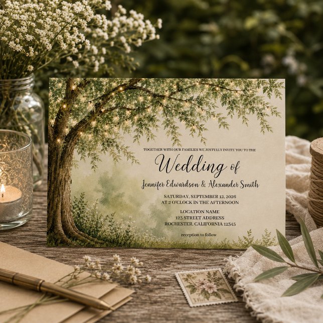 Rustikale Baum-Lichterkette Landhochzeit Einladung (Rustic tree with string of lights country wedding invitation. For your rustic country wedding.)