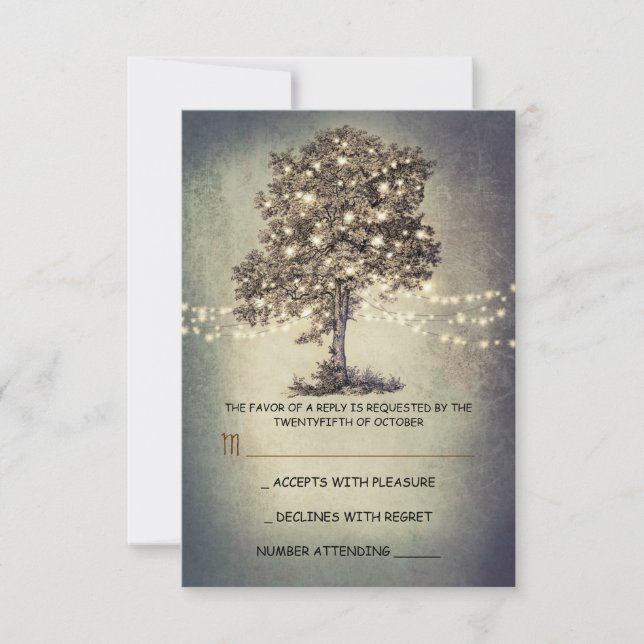 Rustikale Baum- und Streichellichter Hochzeit RSVP Karte (Vorderseite)