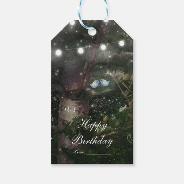 Rustikale Bäume lieben Vögel Stallenhochzeit Geschenkanhänger (Vorderseite)