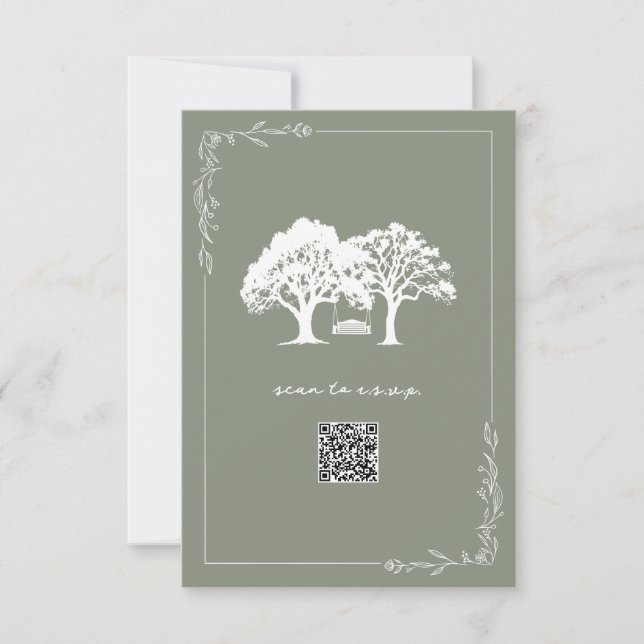 Rustikale Bäume Sage Green QR-Code Hochzeit RSVP Karte (Vorderseite)