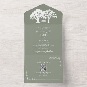 Rustikale Bäume Schaukel Hochzeit Salbeigrün QR All In One Einladung