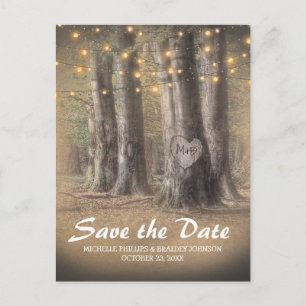 Rustikale Bäume und String-Lights Hochzeit speiche Ankündigungspostkarte