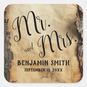 Rustikale Baumrinde Vintage Gastgeschenk Hochzeit Quadratischer Aufkleber