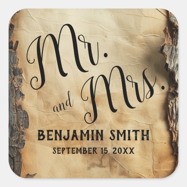 Rustikale Baumrinde Vintage Gastgeschenk Hochzeit Quadratischer Aufkleber (Vorderseite)