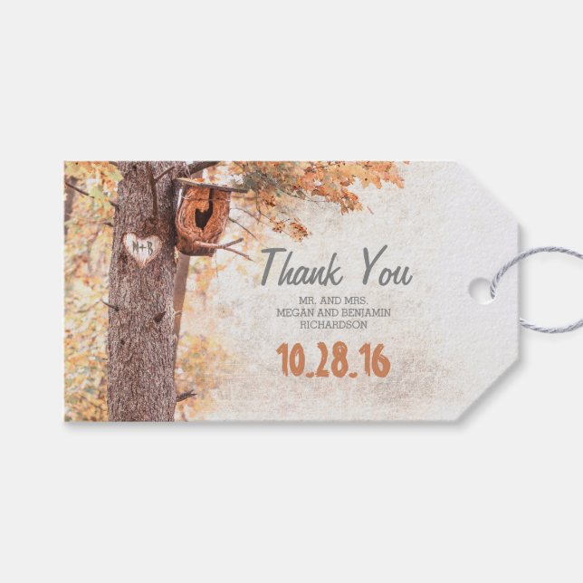 Rustikale Baumschnitzerei Herz-Hochzeit im Herbst Geschenkanhänger (Vorderseite (Horizontal))