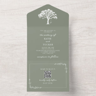 Rustikale Baumschwinge Hochzeit Salbeigrün QR All In One Einladung
