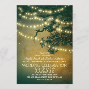 Rustikale Baumzweige und Lichterketten Hochzeit Einladung