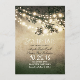Rustikale Baumzweige und Stringleuchten Save the D Date