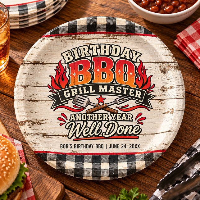 Rustikale BBQ-Grillmeister-Geburtstagsfeier Pappteller (BBQ Grillmaster birthday party paper plates)