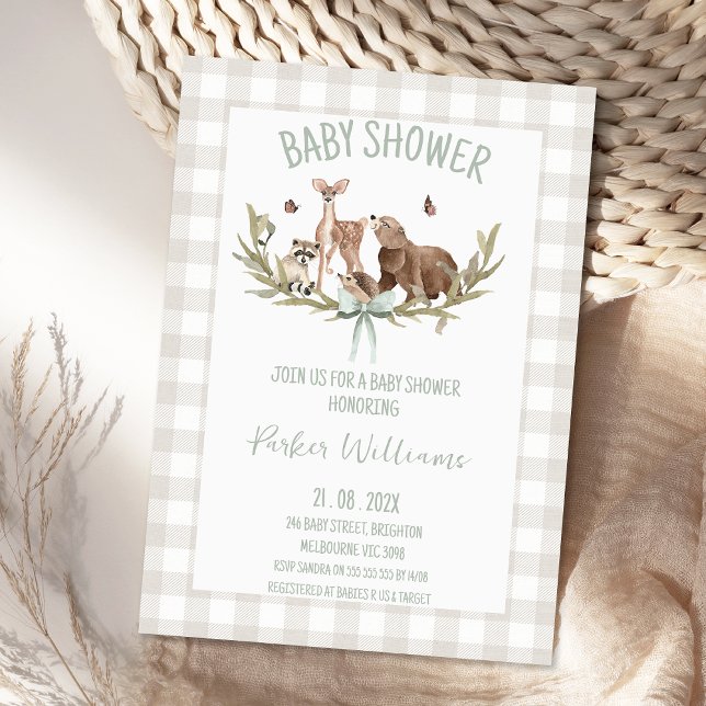 Rustikale Beige Gingham Wald Baby Shower Einladung (Gender Neutral Woodland Baby Shower Invitation Template, Woodland Animals Baby Shower Invitations)