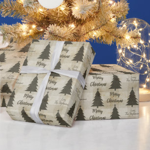Rustikale Beige-Grüne Weihnachtsbäume Name Geschenkpapier