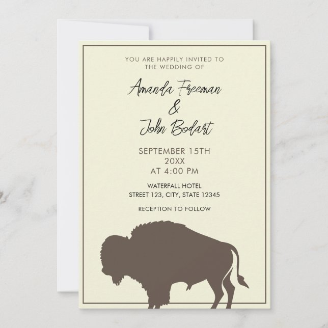 Rustikale Beige und Brown Buffalo Bison Wedding Einladung (Vorderseite)