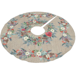 Rustikale beigefarbene Jute-Wasserfarben-Blumen-We Polyester Weihnachtsbaumdecke
