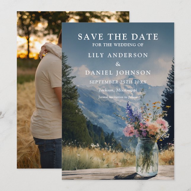 Rustikale Bergblumen-Mason-Jar-Hochzeitsfoto Save The Date (Vorne/Hinten)