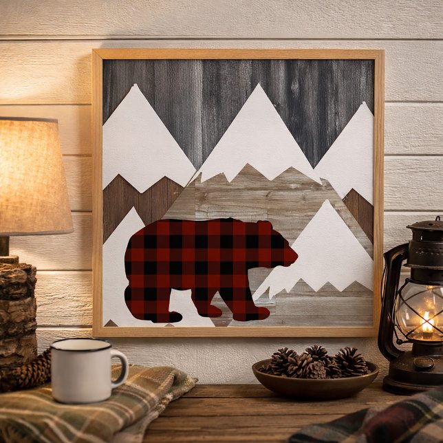 Rustikale Berge Büffel Karo Wald Bär Poster (Rustic buffalo plaid bear and mountains wall art)