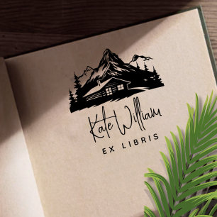 Rustikale Berge und Pinien Ex libris Gummistempel