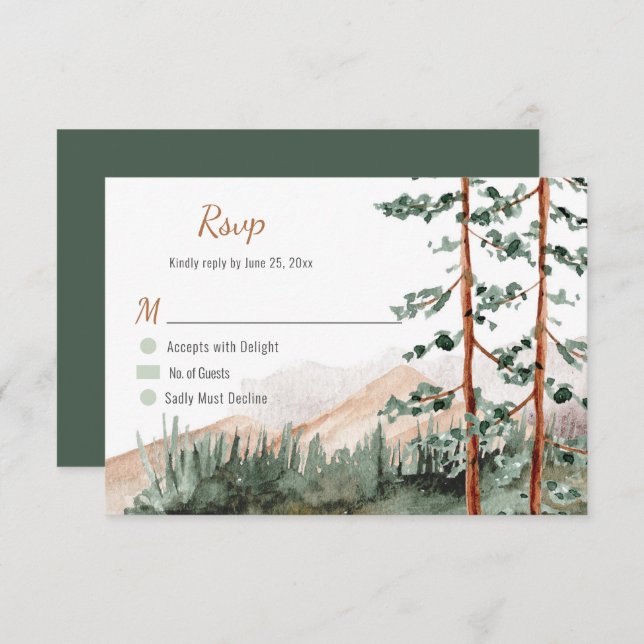 Rustikale Berge Wälder Pine Spruce Bäume Hochzeit RSVP Karte (Vorne/Hinten)
