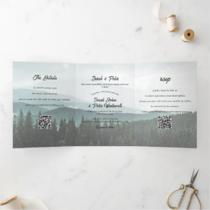 Rustikale Bergkette Kiefernwald QR-Code-Hochzeit Dreifach Gefaltete Einladung