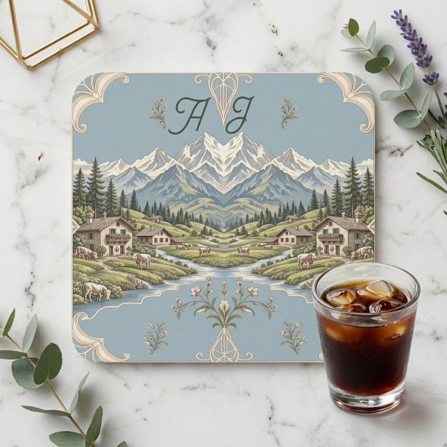 Rustikale Berglandschaft Schnee bedeckt Alpine Wal Getränkeuntersetzer (Rustic Mountains Snowclad Alpine Forest Monograms Beverage Coaster)
