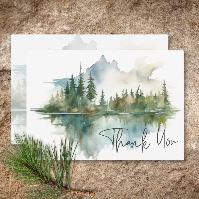 Rustikale Bergsee-Szene Wasserfarbenhochzeit Dankeskarte (Rustic Mountain Lake Scene Watercolor Wedding Thank You Card)