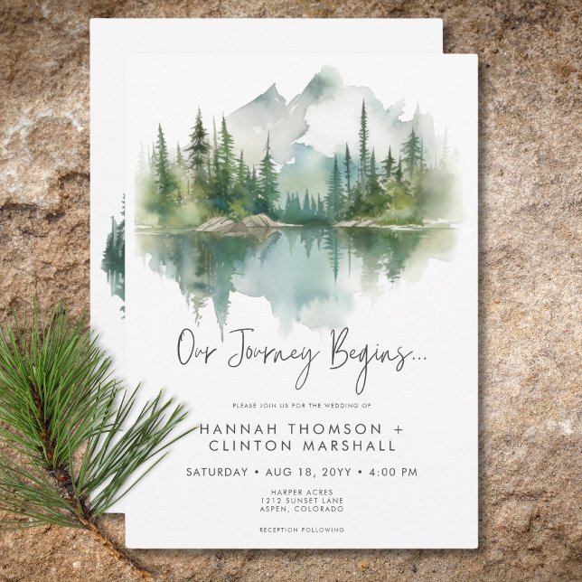 Rustikale Bergsee-Szene Wasserfarbenhochzeit Einladung (Rustic Mountain Lake Scene Watercolor Wedding Invitation)