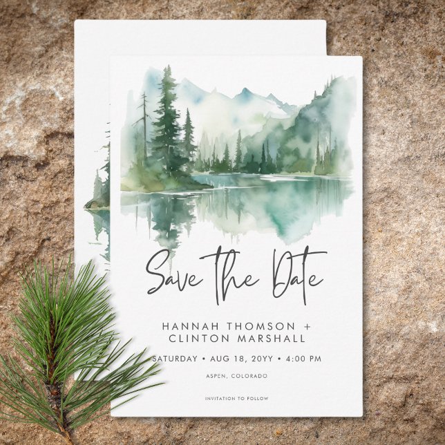 Rustikale Bergsee-Szene Wasserfarbenhochzeit Save The Date (Rustic Mountain Lake Scene Watercolor Wedding Save The Date)