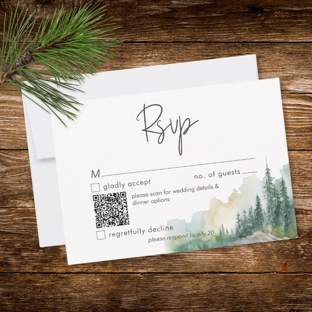 Rustikale Bergseelandschaft Wasserfarbe QR-Code RSVP Karte (Rustic Mountain Lake Scene Watercolor QR Code RSVP Card)