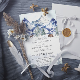 Rustikale Bergwald Baum Hochzeit mit QR-Code im Bu Einladung